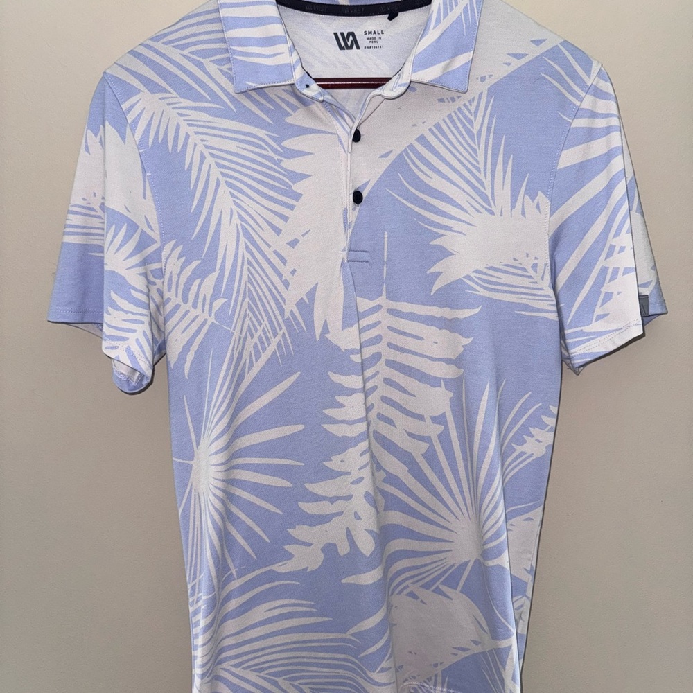 Stylish Light Blue and White Leaf Print Polo Shirt